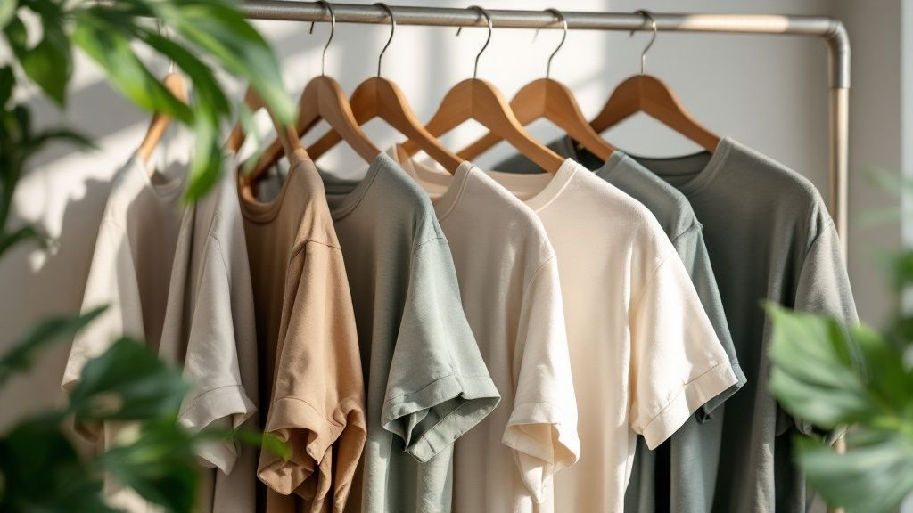A collection of sustainable clothing items neatly folded