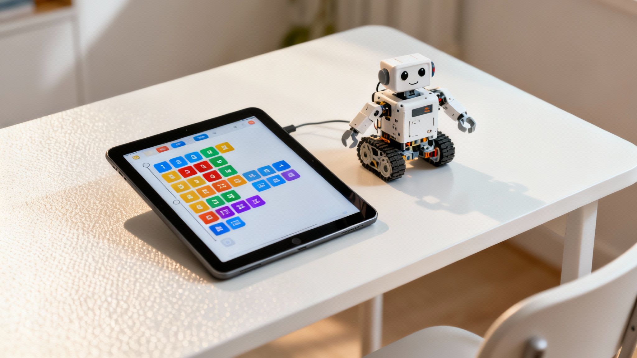 A child engaged with a tablet, using a learning app with colourful shapes and numbers.