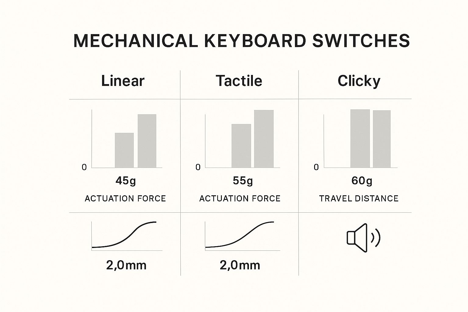 Infographic comparing Linear, Tactile, and Clicky mechanical keyboard switches on actuation force, travel distance, and noise level.