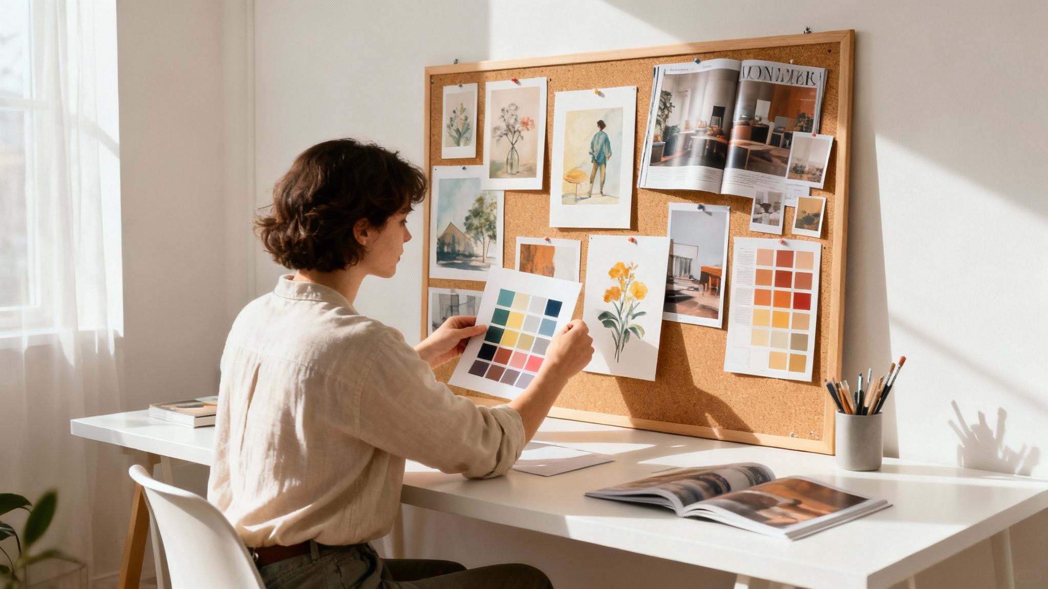 Woman looking at wall art in a brightly lit room