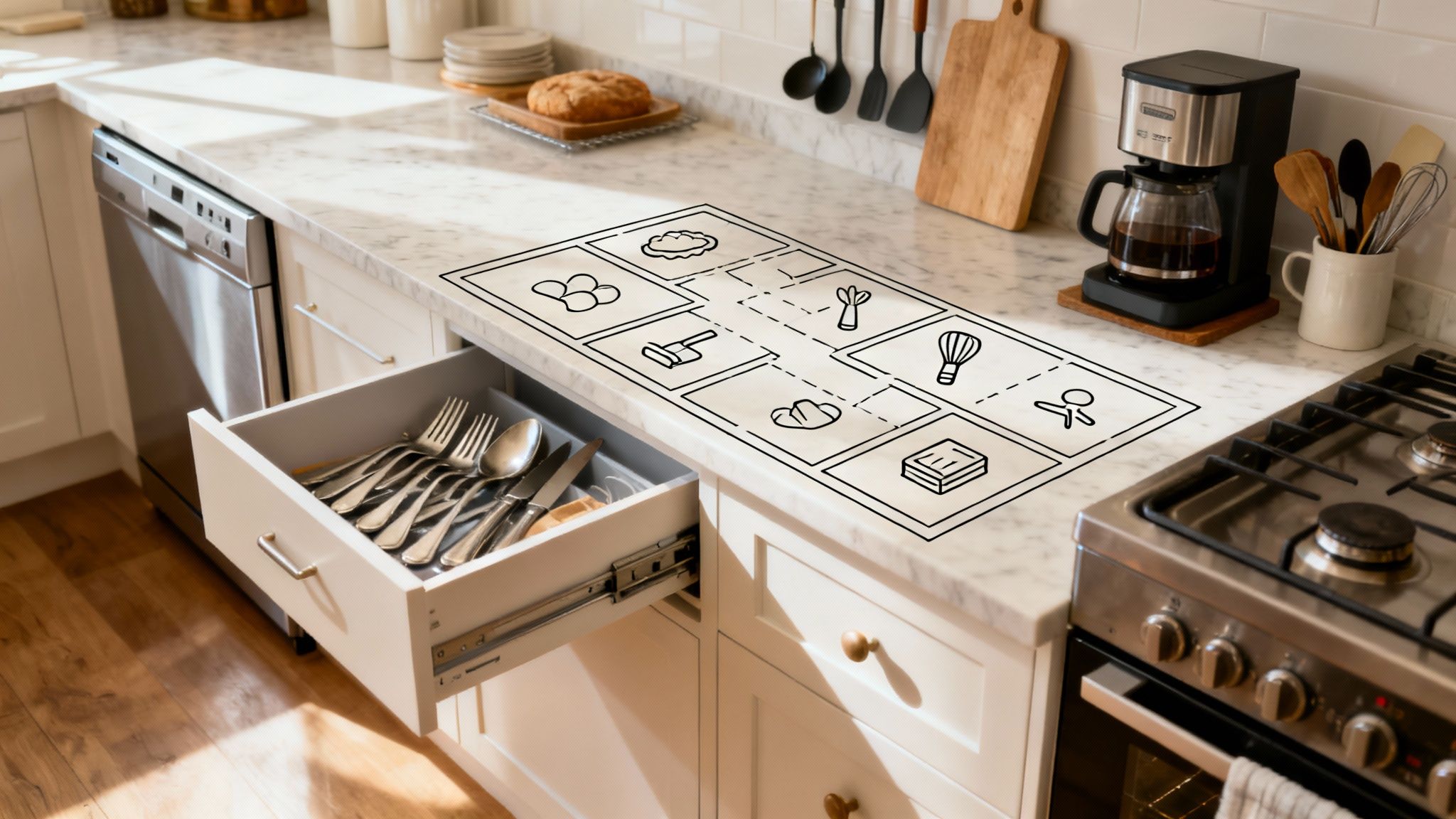 A woman stands in her kitchen, mapping out where different items will be stored in the drawers.