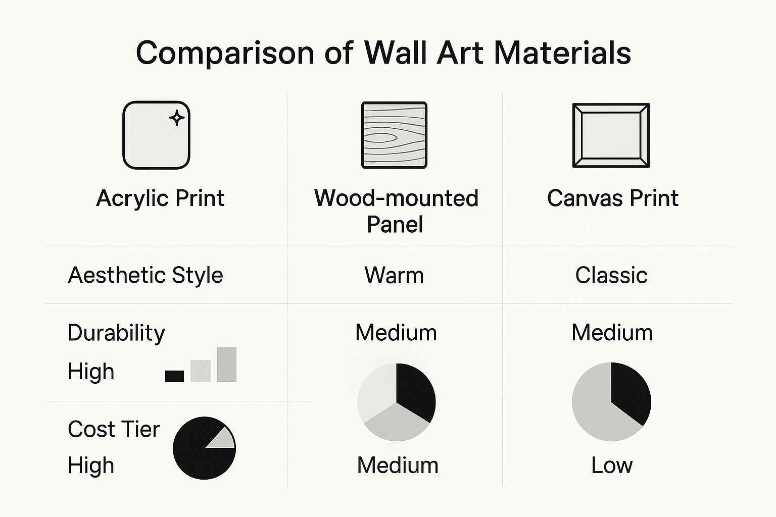 Infographic comparing Acrylic Print, Wood-mounted Panel, and Canvas Print based on aesthetic, durability, and cost.