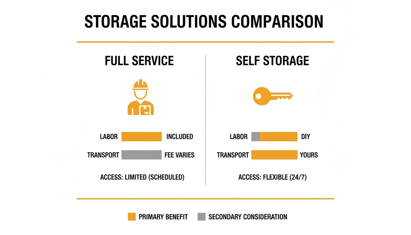 Infographic comparing full service and self storage options, detailing labor, transport, and access considerations.