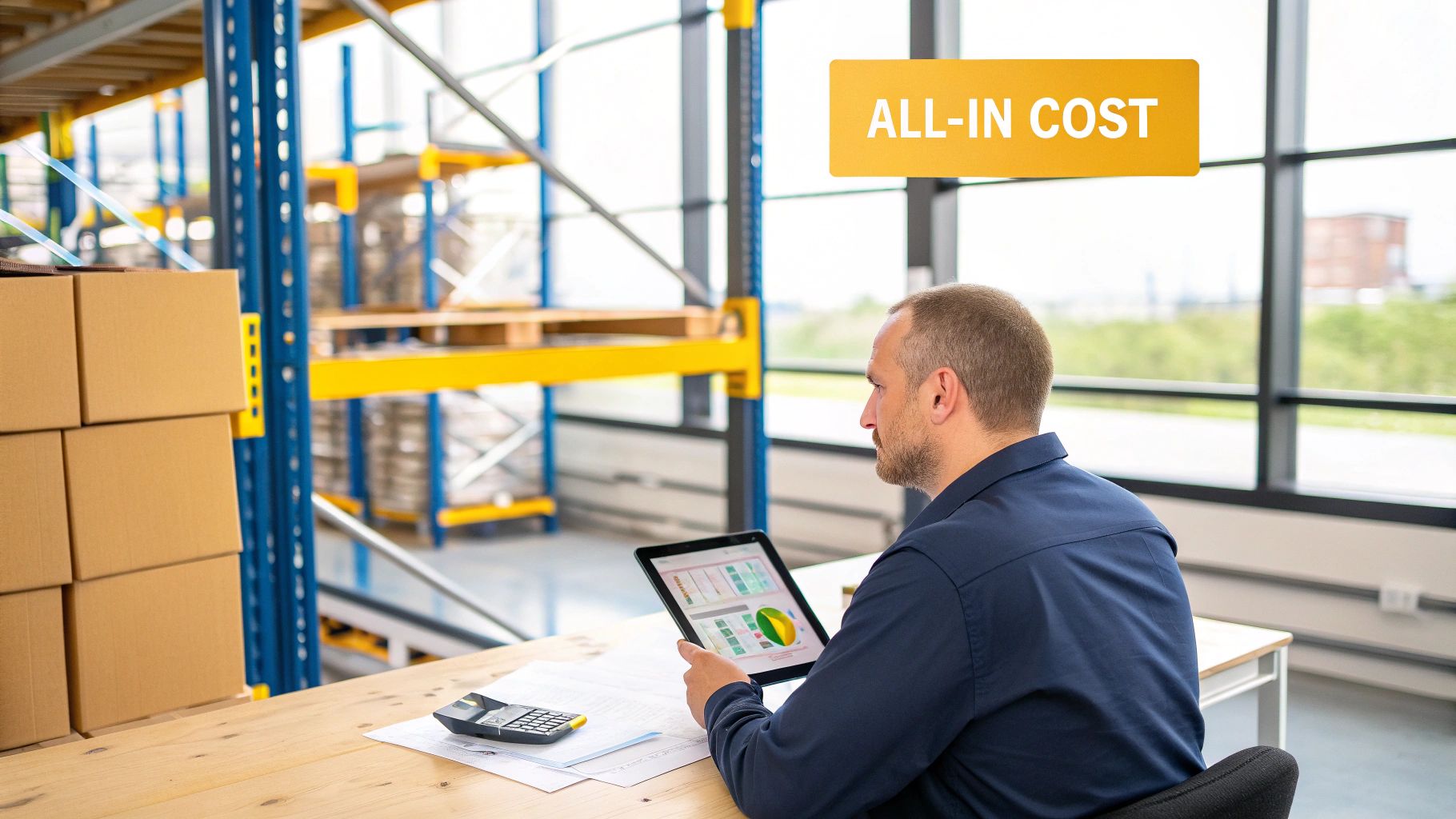 A man in a warehouse reviews cost data on a tablet with a calculator, focusing on 'ALL-IN COST'.