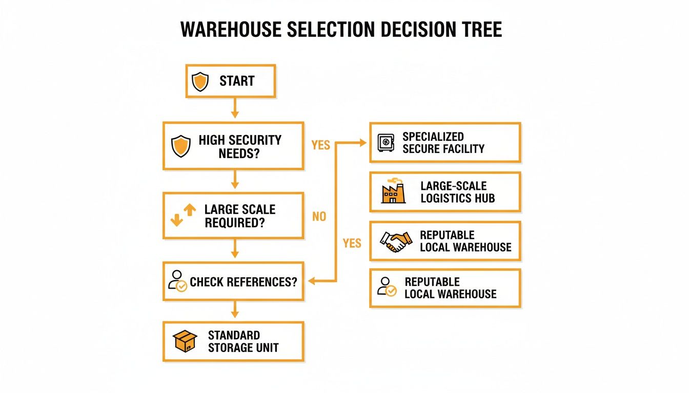 A warehouse selection decision tree flow chart showing criteria like security, scale, and references.