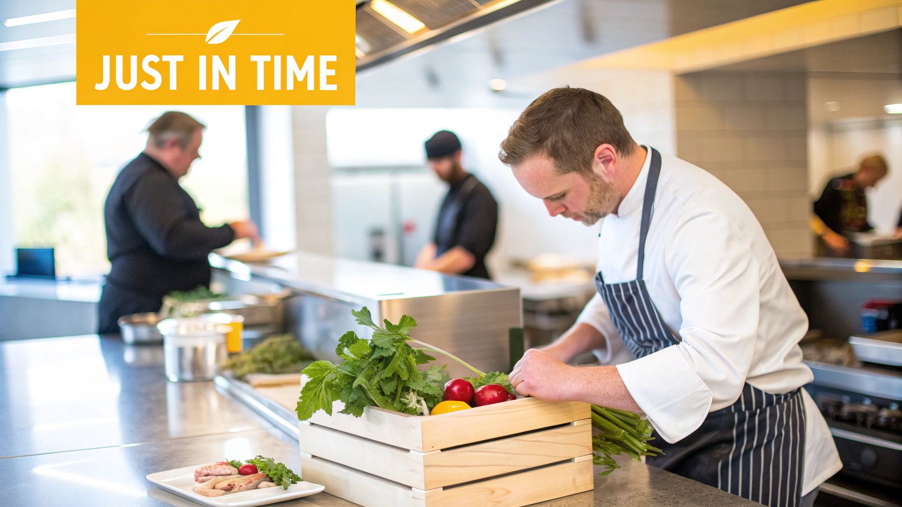Chefs preparing fresh vegetables and ingredients in a bustling professional kitchen environment.