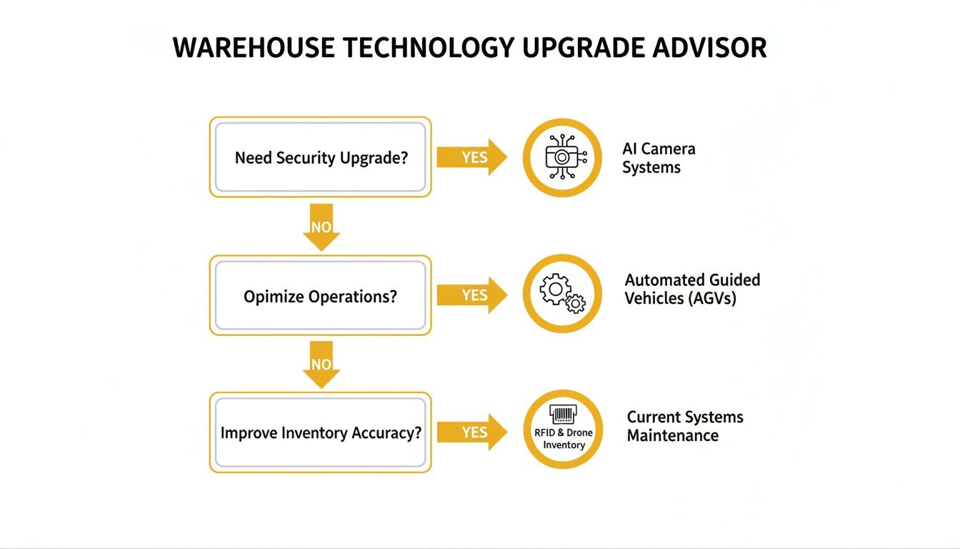 Flowchart showing warehouse technology upgrade advisor recommending AI cameras, AGVs, and RFID for security, operations, and inventory.
