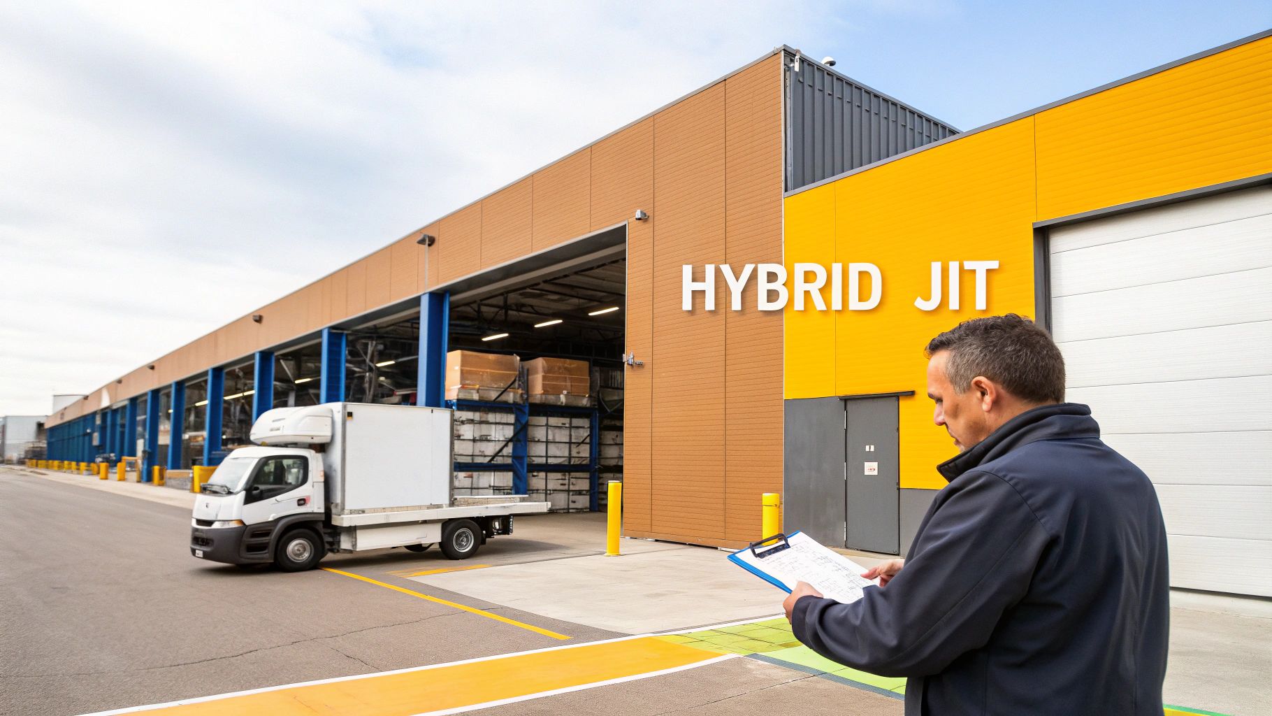 Man with clipboard oversees refrigerated delivery truck at a 'HYBRID JIT' logistics warehouse.