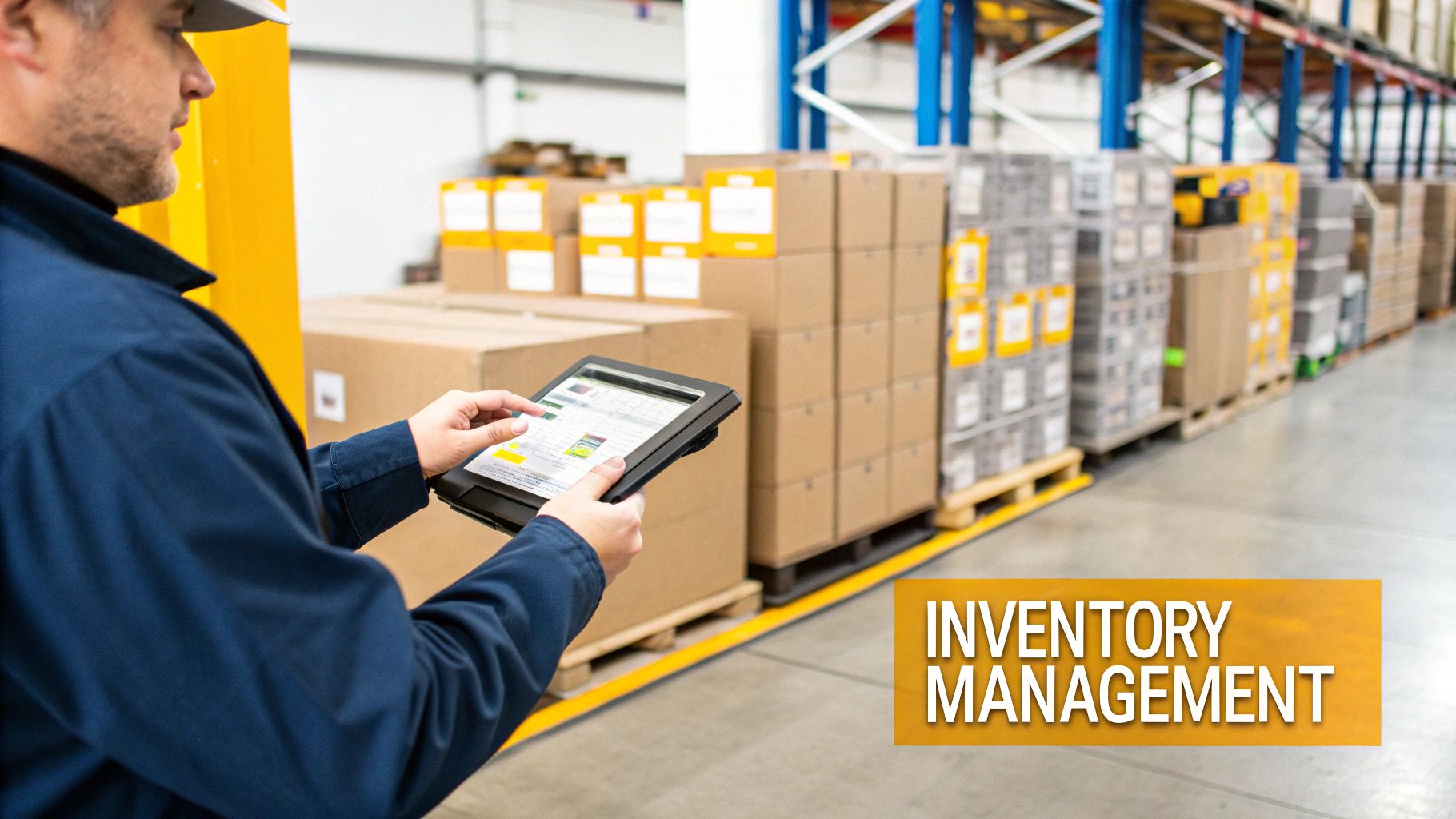 A man in a warehouse uses a tablet for inventory management amidst stacks of boxes.