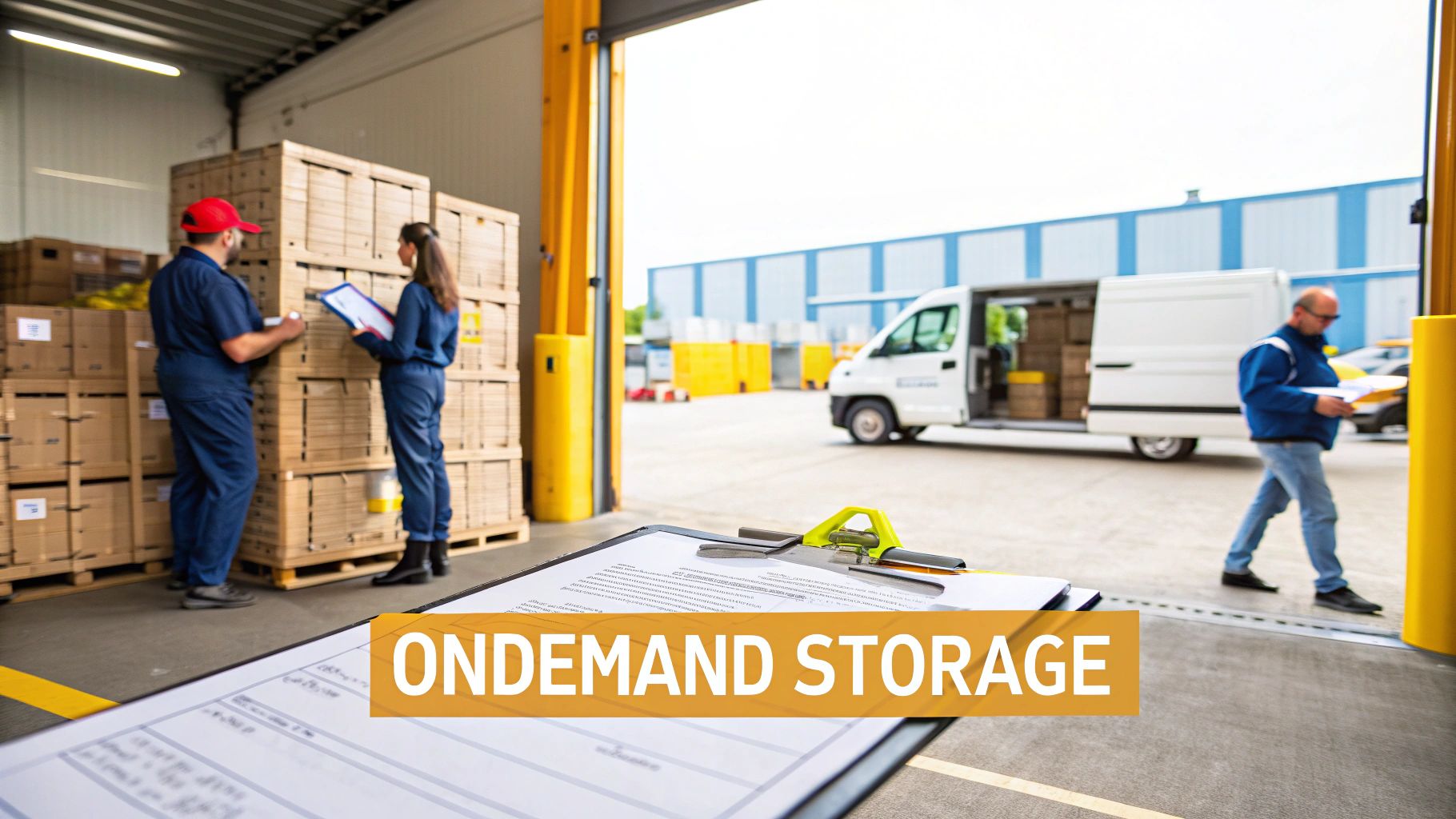 Warehouse workers managing inventory and loading boxes onto a delivery van for storage operations.