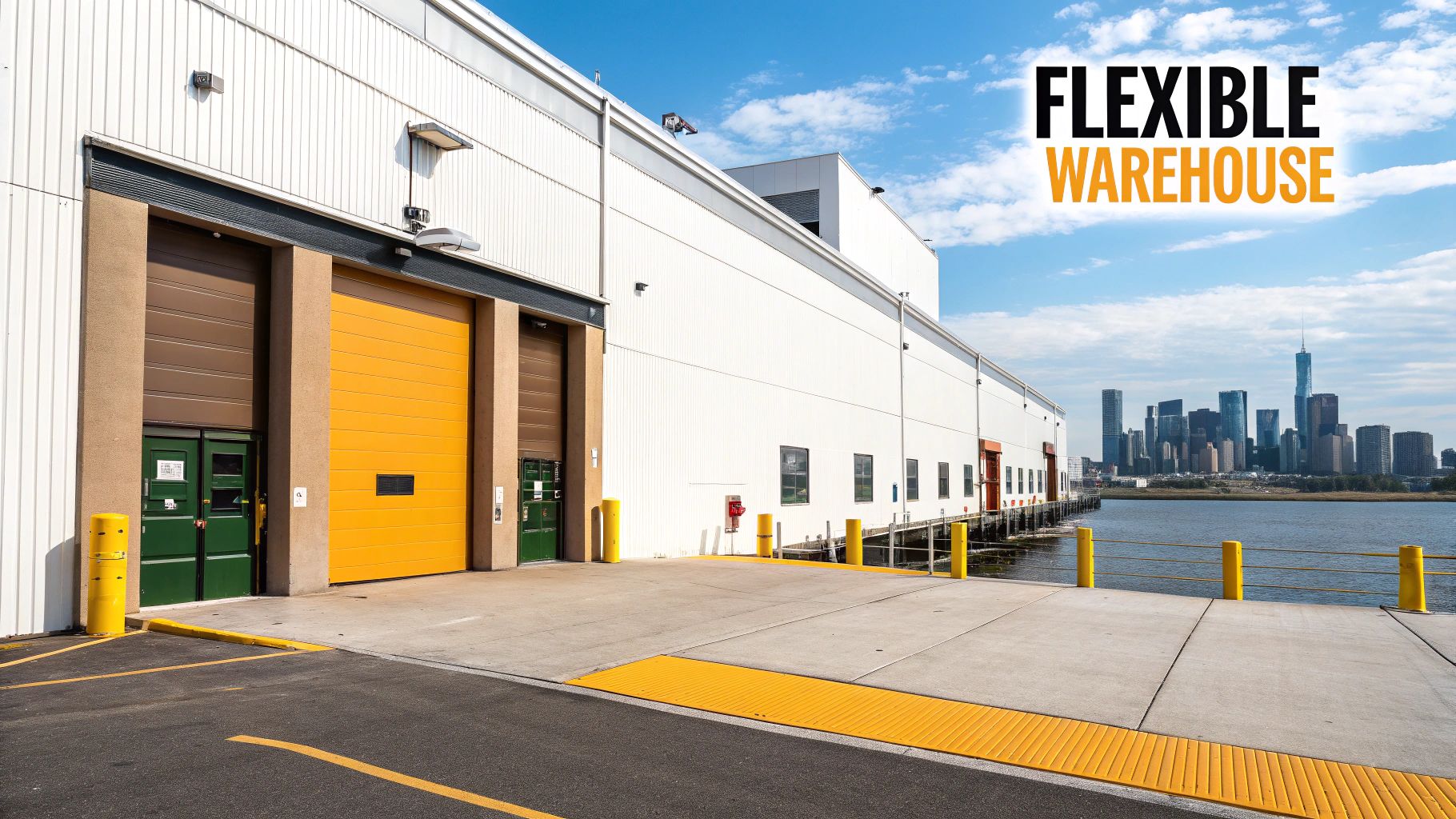 Large white warehouse building with loading docks, yellow door, waterfront, and city skyline.