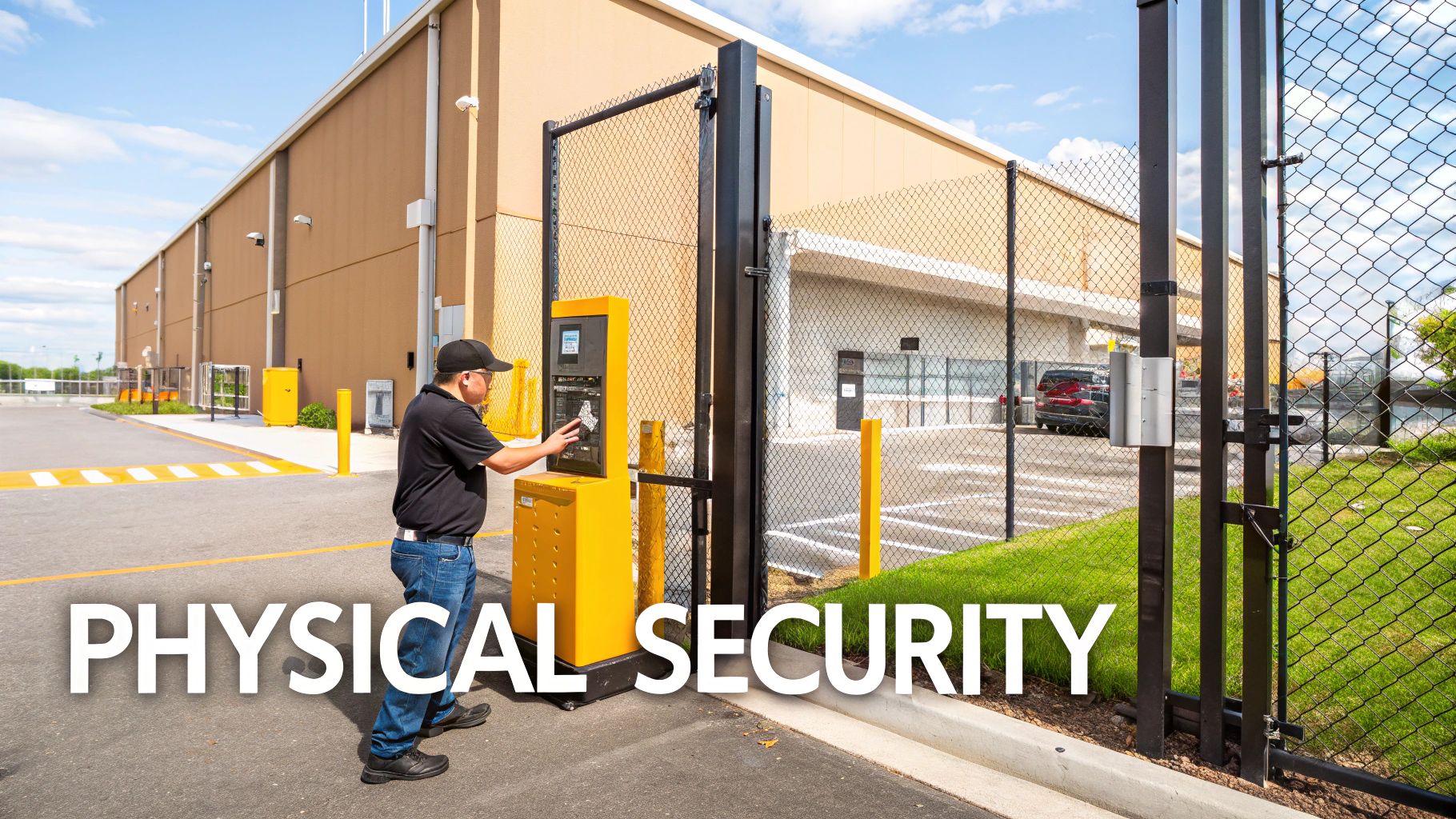 A man uses a yellow security kiosk at the entrance of a secure business warehouse with a fence.