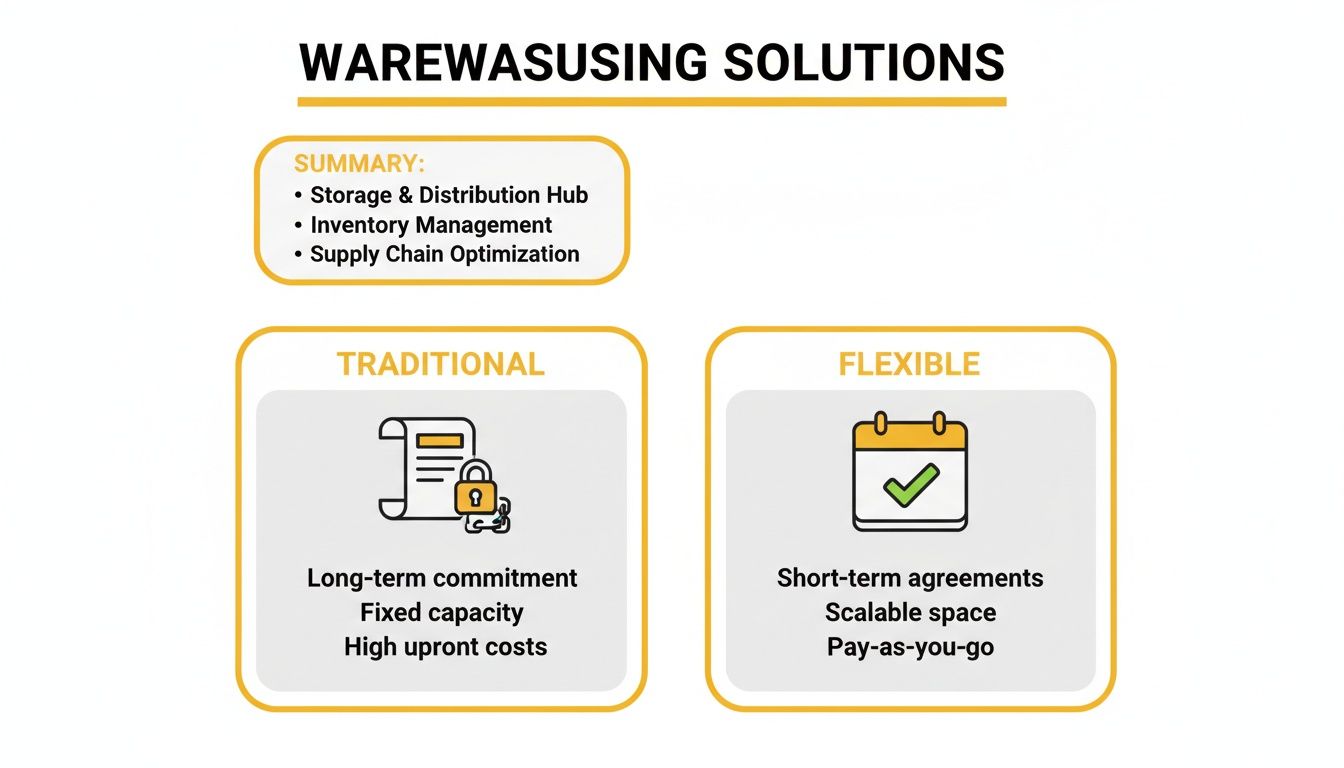 Infographic comparing traditional and flexible warehousing solutions with features like commitment, capacity, and cost.
