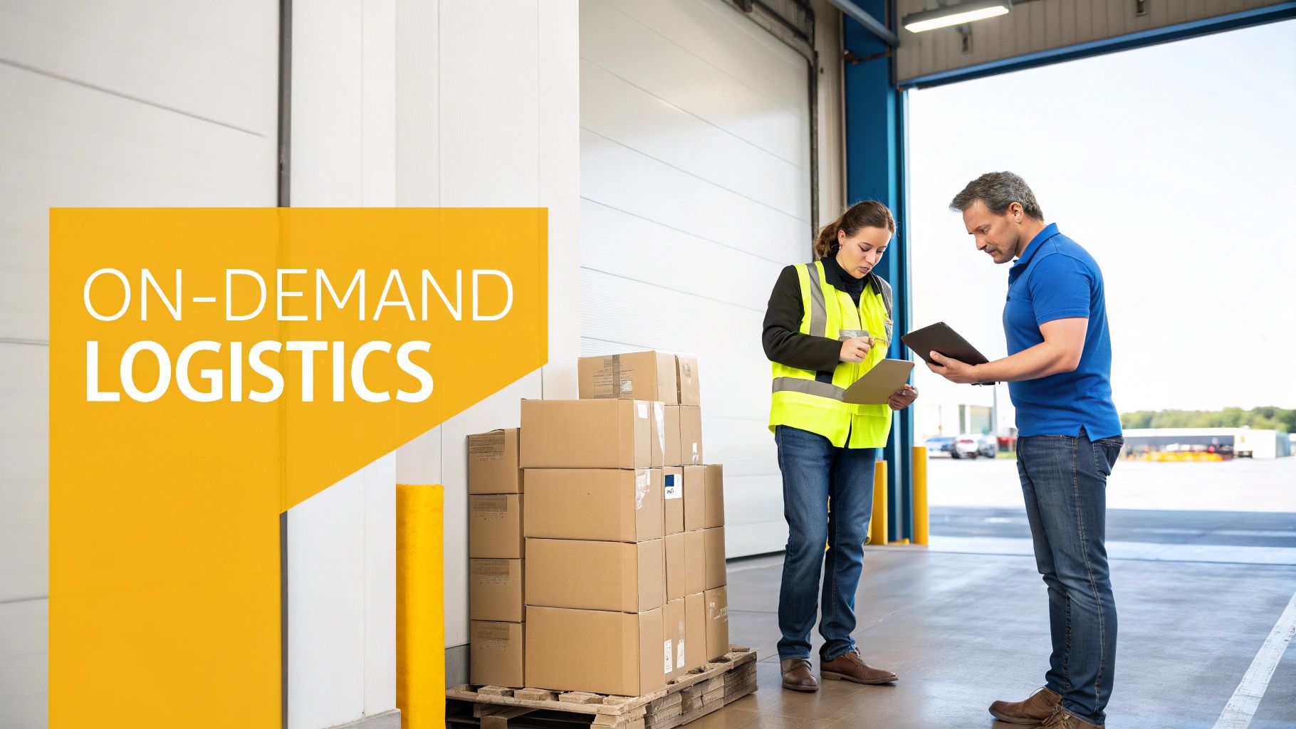 Two logistics workers reviewing paperwork and tablet next to stacked boxes in a warehouse loading dock.