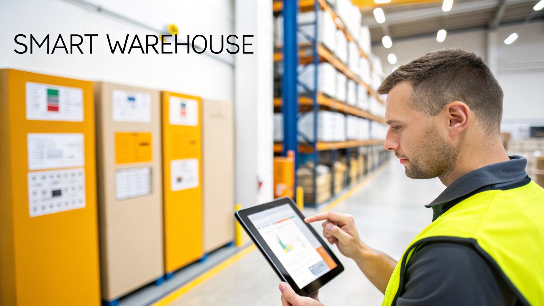 A man in a high-visibility vest uses a tablet with data in a smart warehouse.