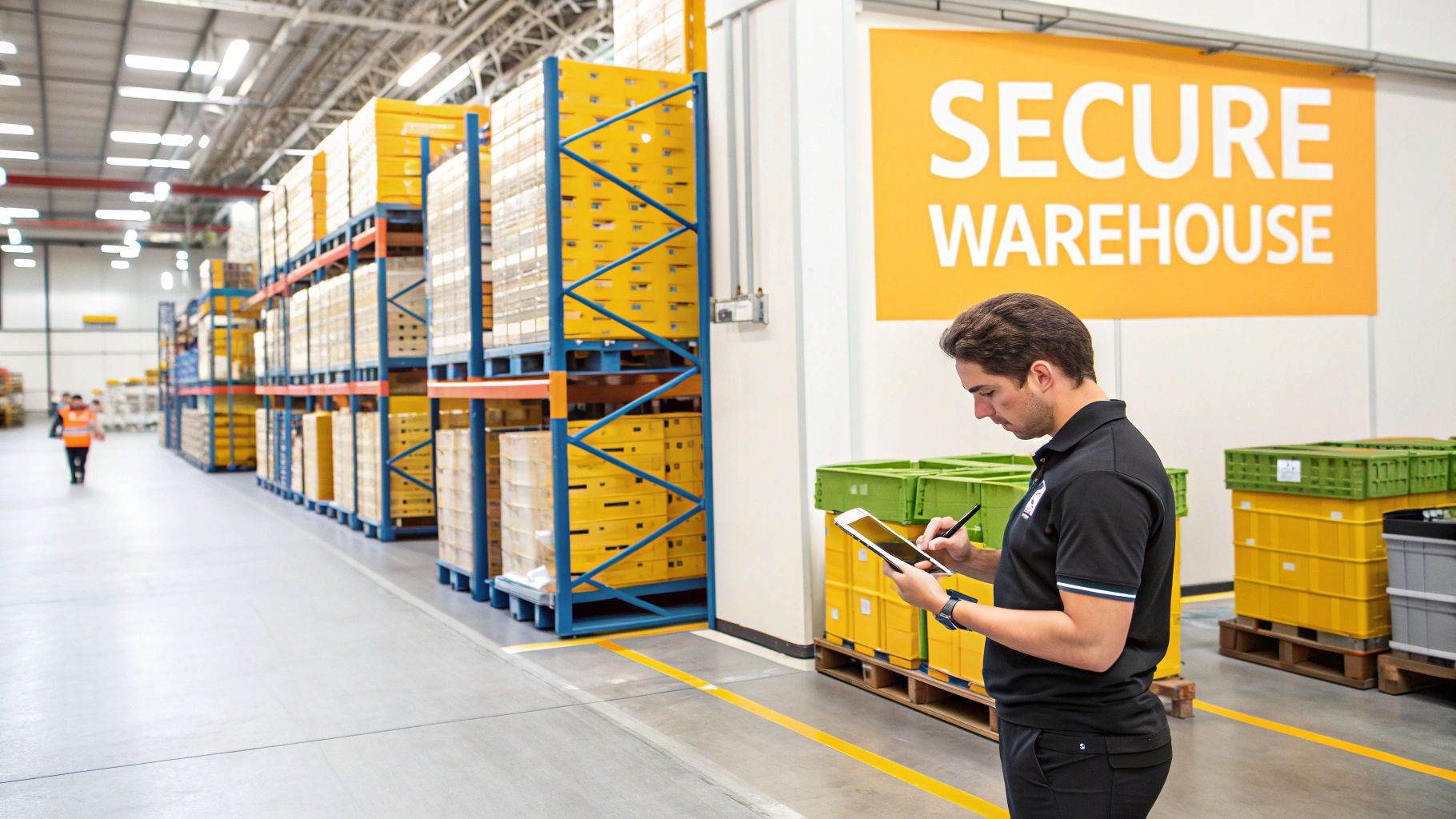 A man uses a tablet to manage inventory in a secure warehouse with stacked boxes.