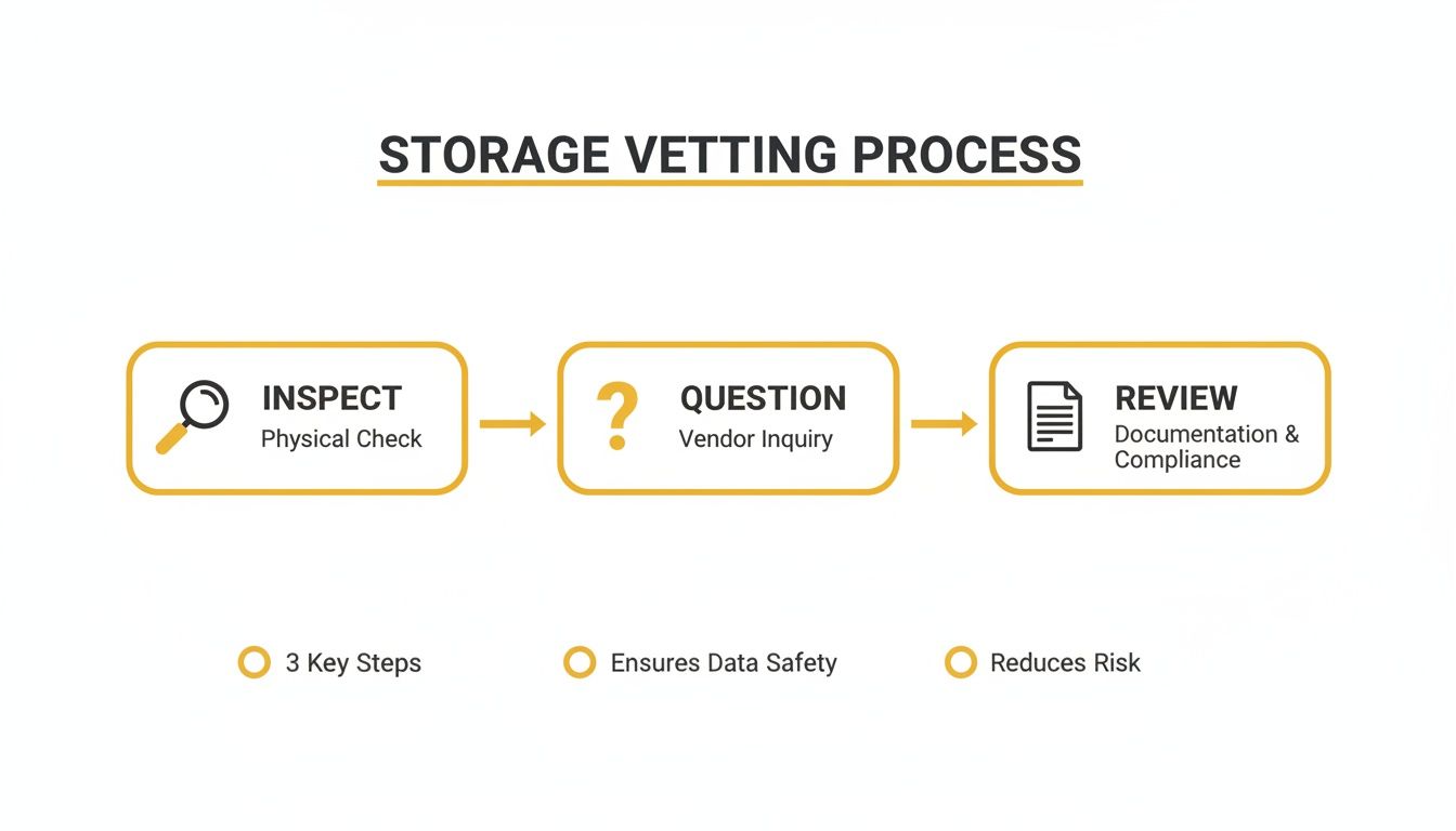 A process flowchart illustrating three key steps of storage vetting: inspect, question, and review to ensure data safety and reduce risk.