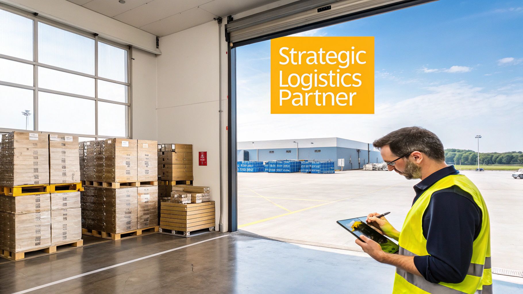 A warehouse worker in a high-visibility vest uses a tablet, overseeing logistics operations inside a modern facility.