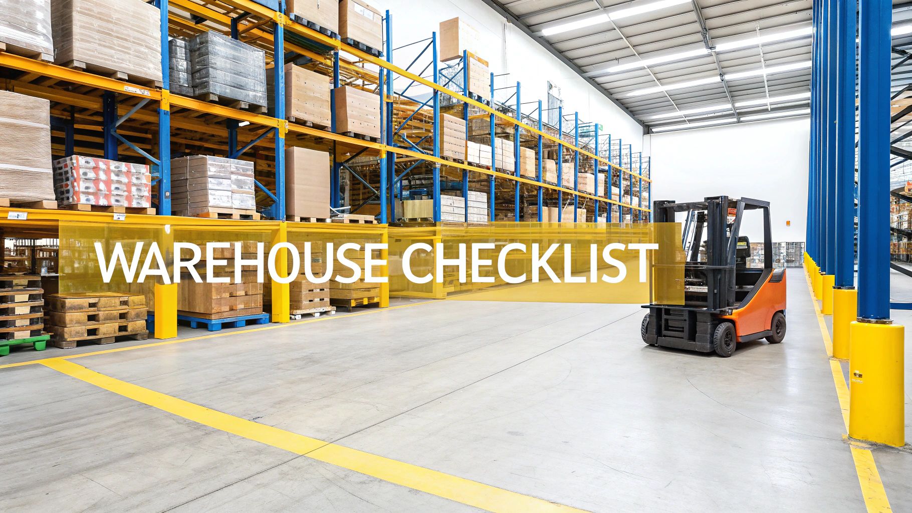 A wide view of a modern warehouse featuring tall shelves stocked with goods, an orange forklift, and 'WAREHOUSE CHECKLIST' text.