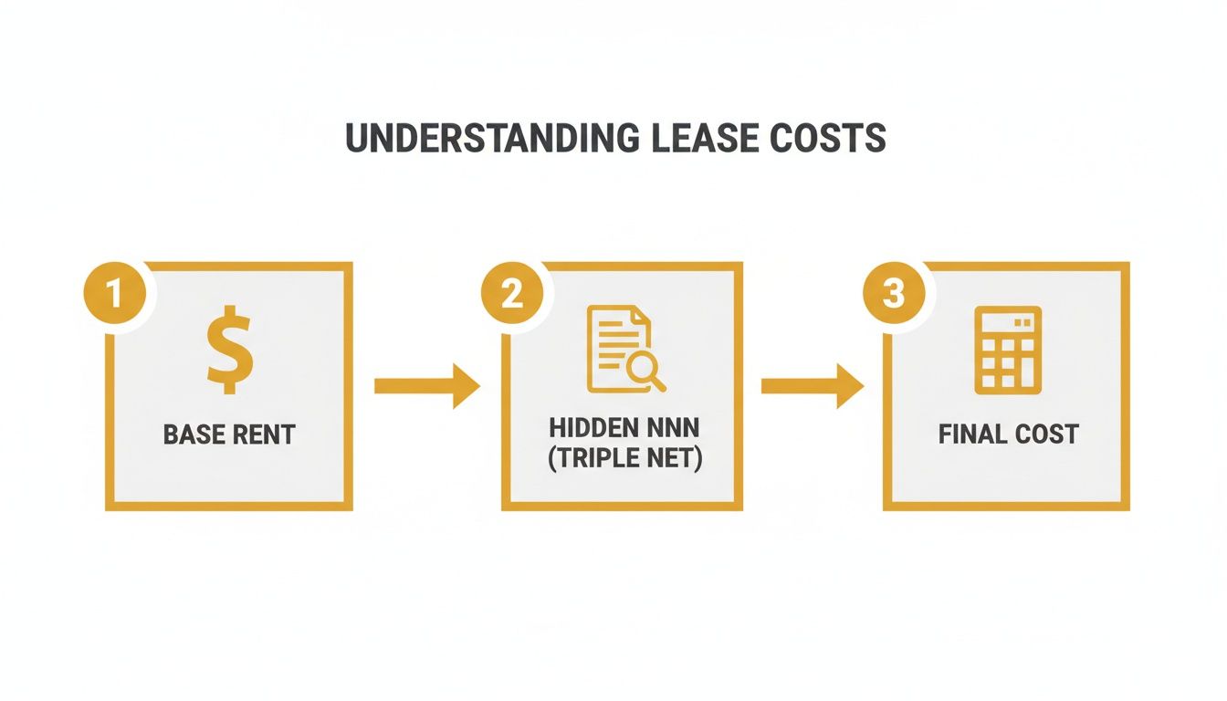 Infographic illustrates three steps to understanding lease costs: base rent, hidden NNN (triple net), and final cost.