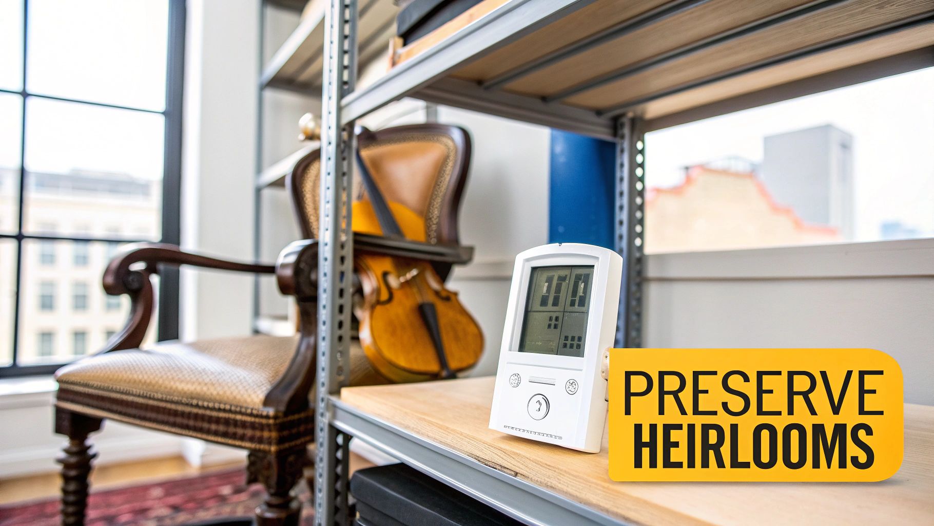 A room with an antique chair, a violin, storage shelves, and a device monitoring heirlooms.