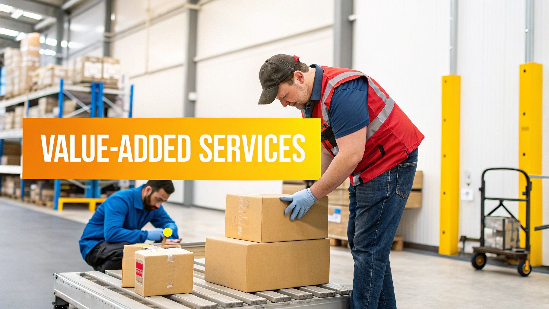 Two warehouse workers providing value-added services, handling packages on a conveyor belt system.