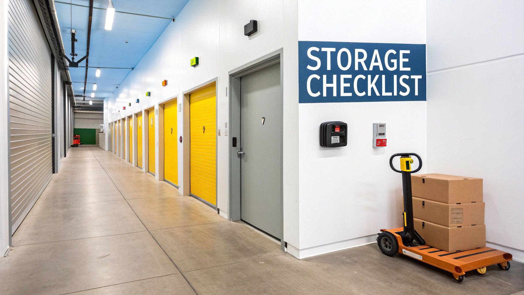 A brightly lit climate-controlled self-storage facility hallway with yellow and grey units, a checklist sign, and a pallet jack with boxes.