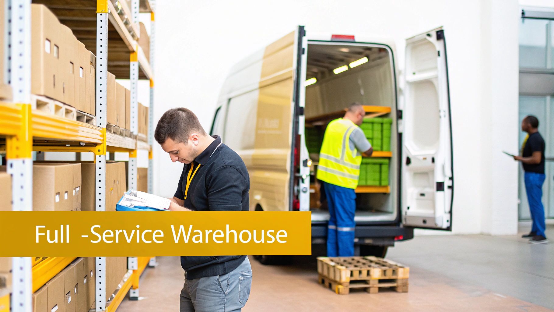 Warehouse workers managing inventory, checking documents, and loading a delivery van in a full-service warehouse.