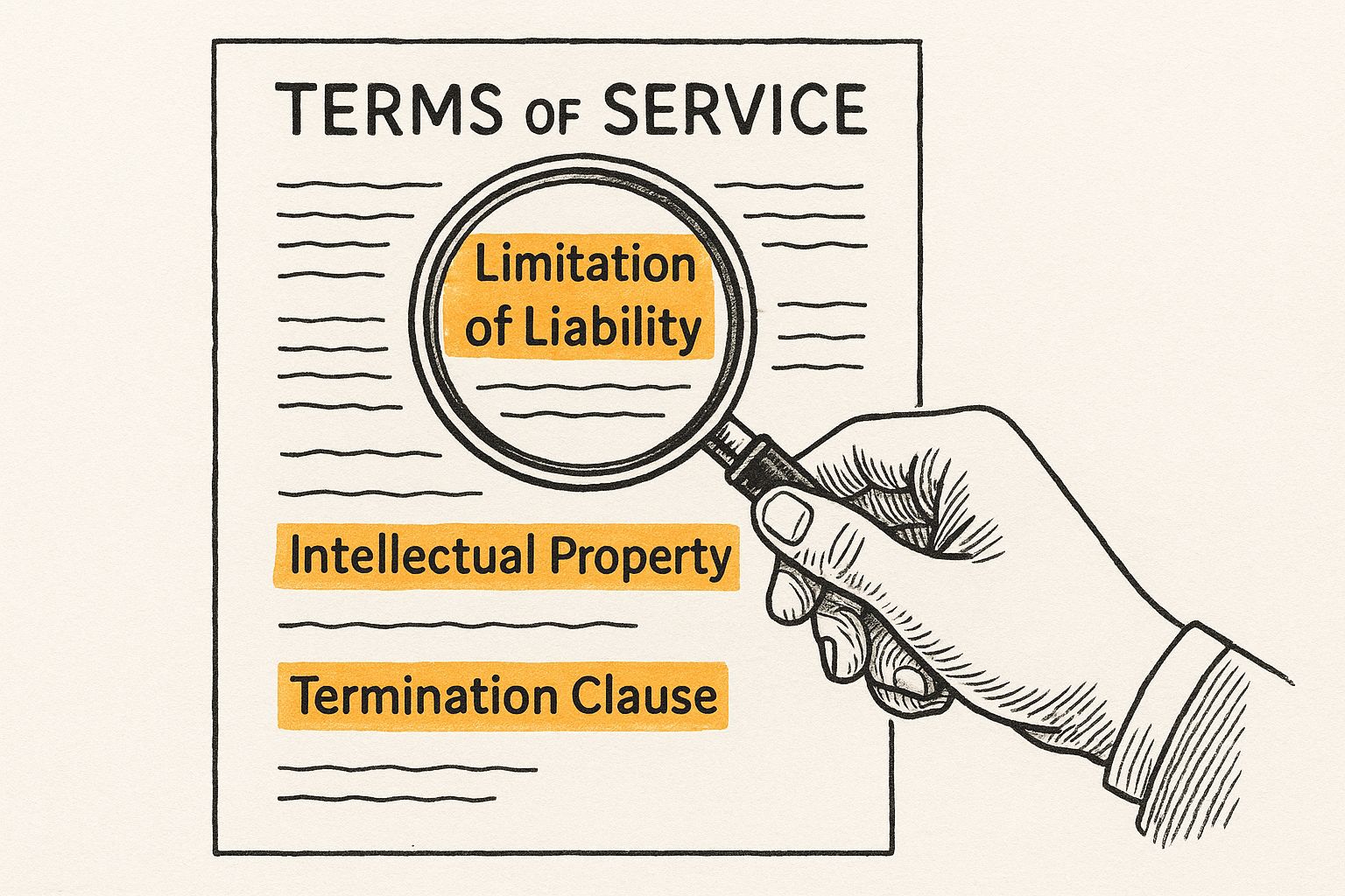 An infographic showing a hand with a magnifying glass over a document, highlighting the key terms: Limitation of Liability, Intellectual Property, and Termination Clause.