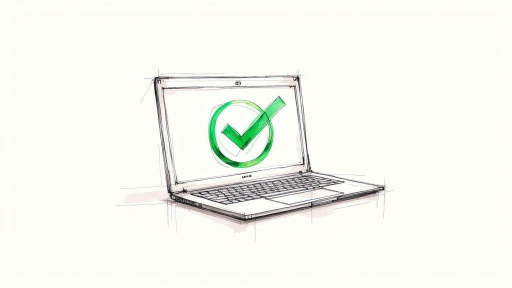 A person looking at a computer screen with a checkmark, symbolizing confirmation.