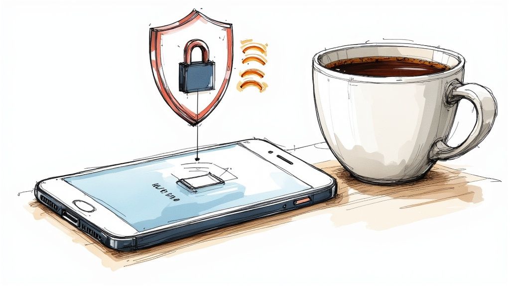 A person using a laptop on a public Wi-Fi network, with a digital shield overlaying the connection.