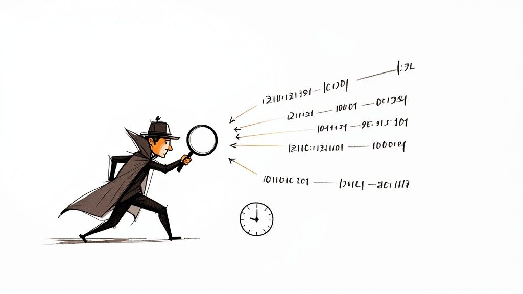 Illustration of a clock with binary code, symbolizing the time it takes to investigate a data breach