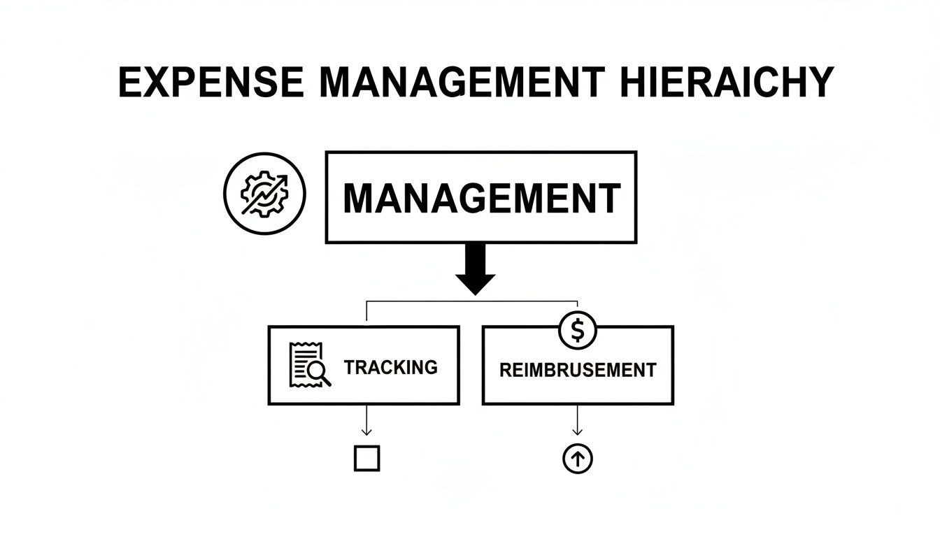 A diagram illustrating expense management hierarchy, showing management, tracking, and reimbursement processes.