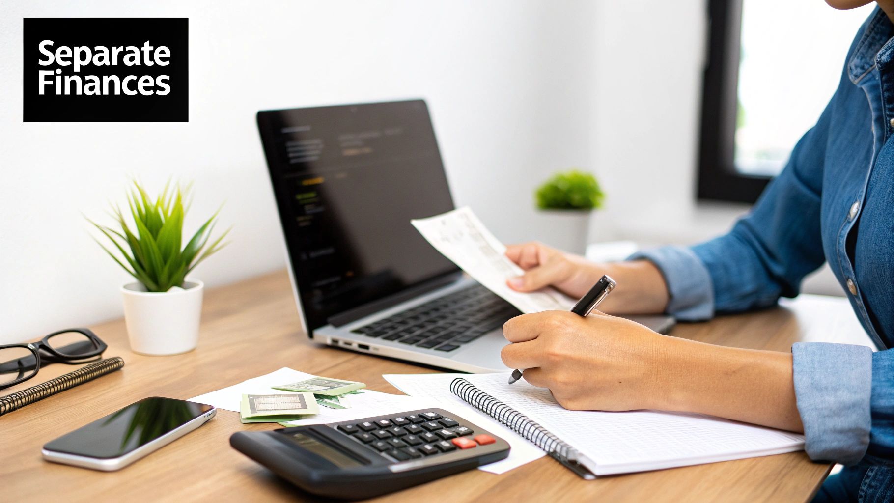Person managing finances, reviewing documents, and writing on a desk with a laptop and calculator.