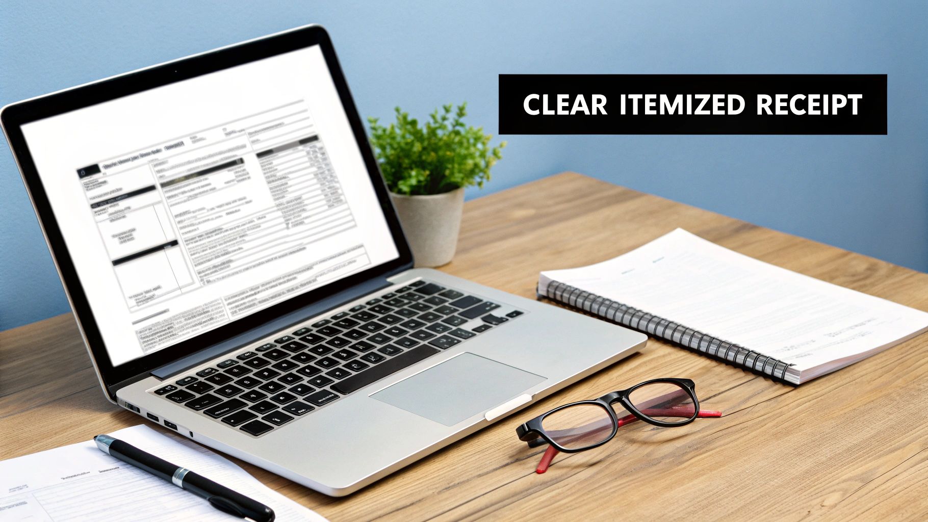 A laptop displays a clear itemized receipt on a wooden desk with various office items.