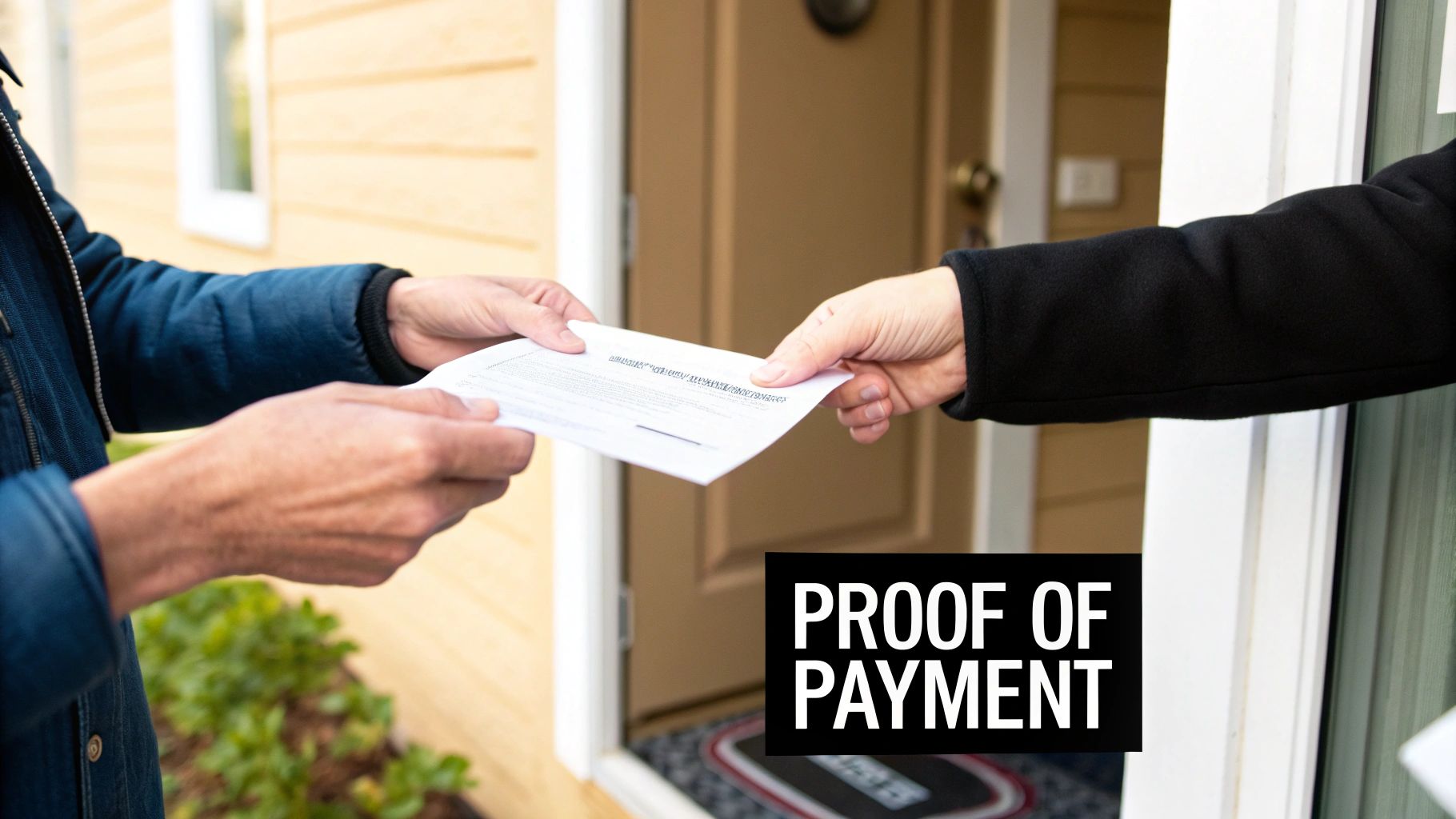 Two people exchanging a document at a doorway, featuring text 'PROOF OF PAYMENT'.