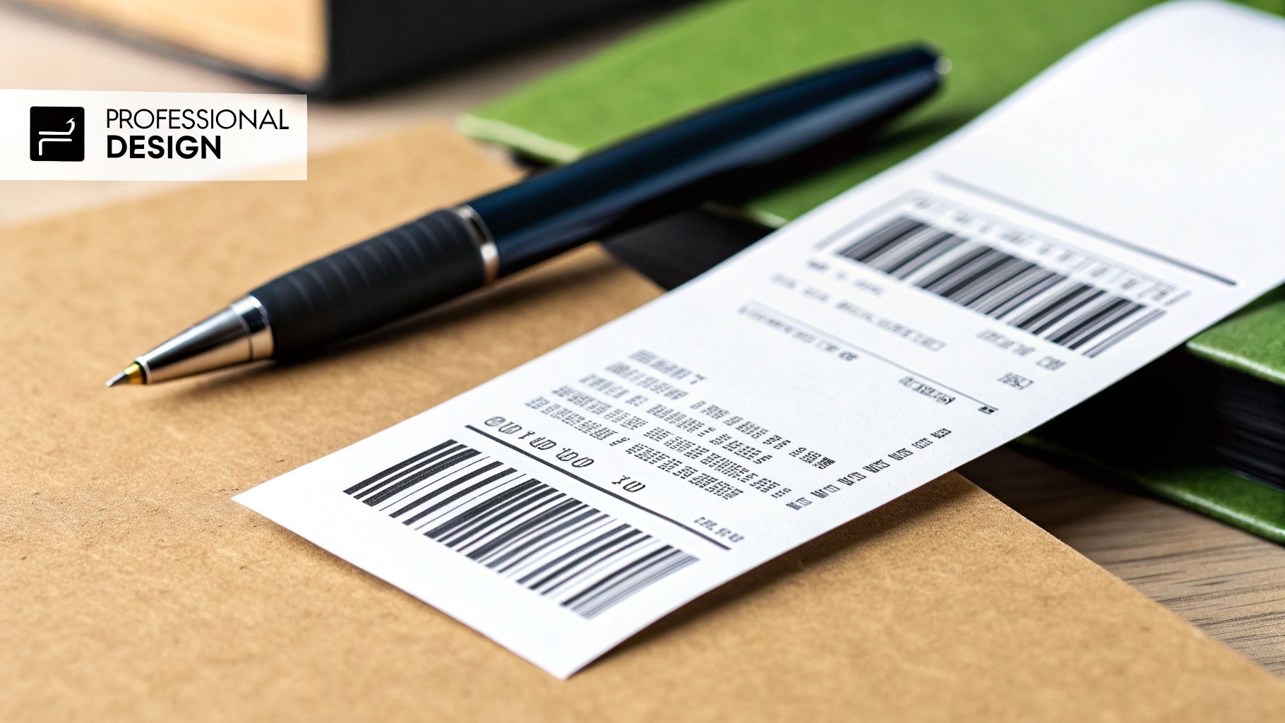 An itemized paper receipt with barcodes rests on a desk next to a pen and notebooks.