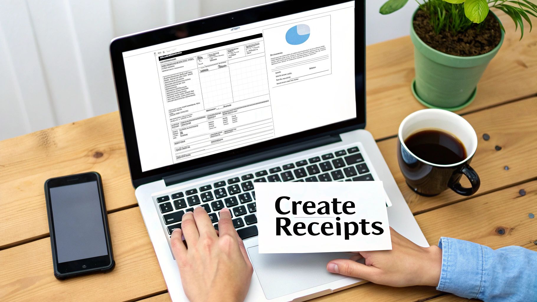 A person creating receipts on a laptop, with a smartphone, coffee, and plant on a wooden desk.