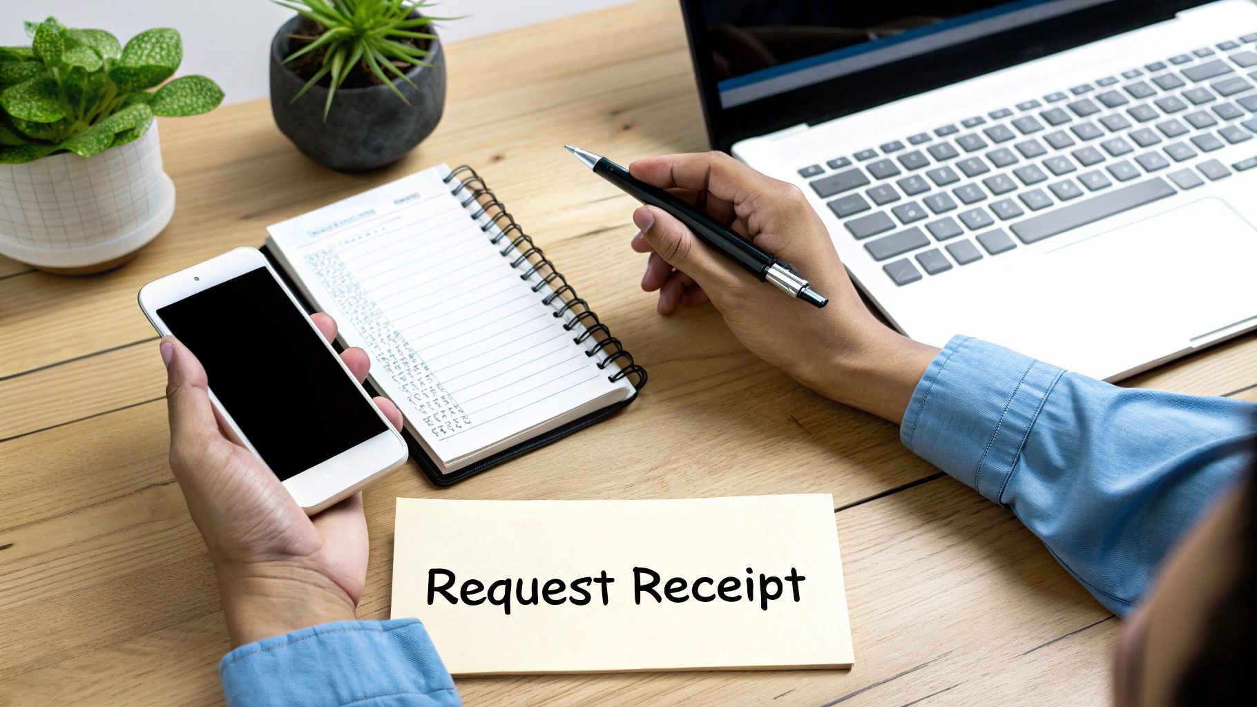 A person's hands hold a phone and pen over a desk with a 'Request Receipt' note.