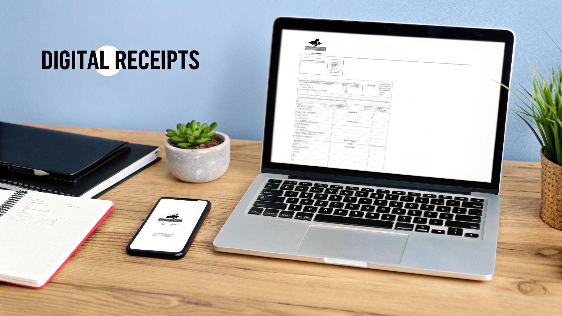 A desk with a laptop displaying a digital receipt, a smartphone, notebooks, and plants, with 'DIGITAL RECEIPTS' on the wall.