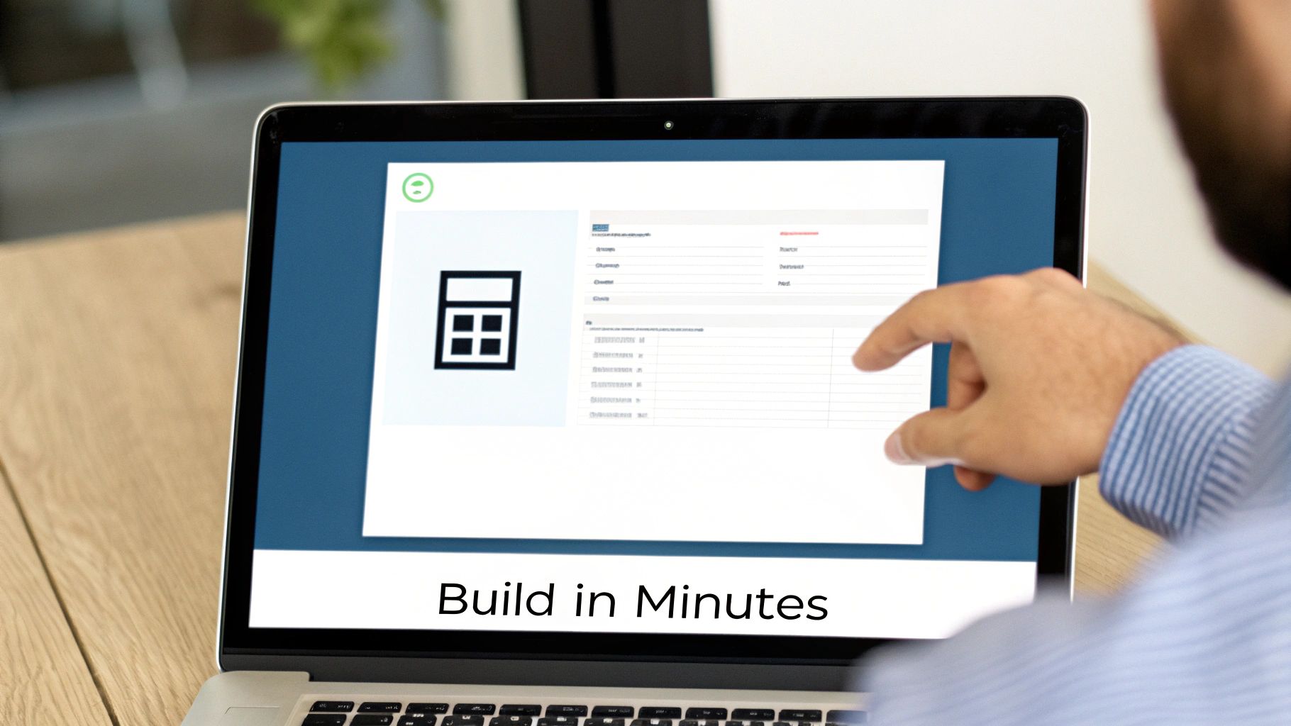 Close-up of a person's hand interacting with a laptop screen displaying a form builder application.