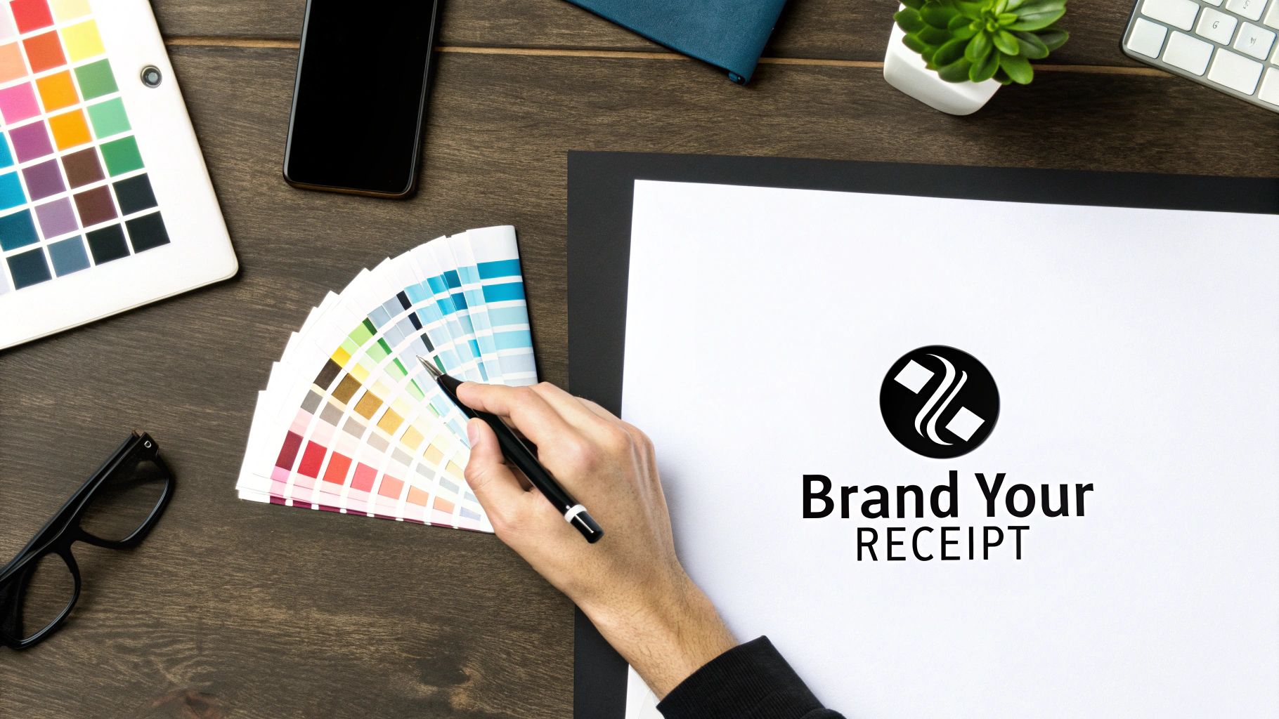 Overhead view of a person designing a receipt logo, with a color palette fan and design tools.