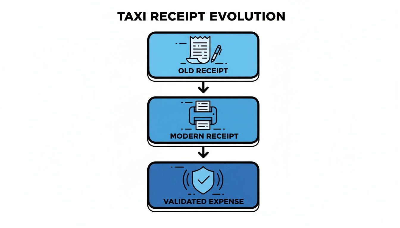 A diagram illustrating the evolution of taxi receipts from an old paper format to a modern digital receipt, and finally a validated expense.