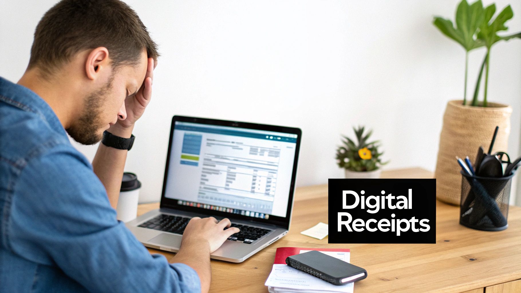 A man looks stressed while working on a laptop with a 'Digital Receipts' sign nearby.
