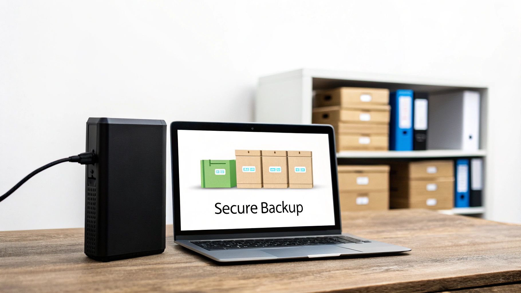 A laptop displaying 'Secure Backup' connected to an external hard drive on a wooden desk.