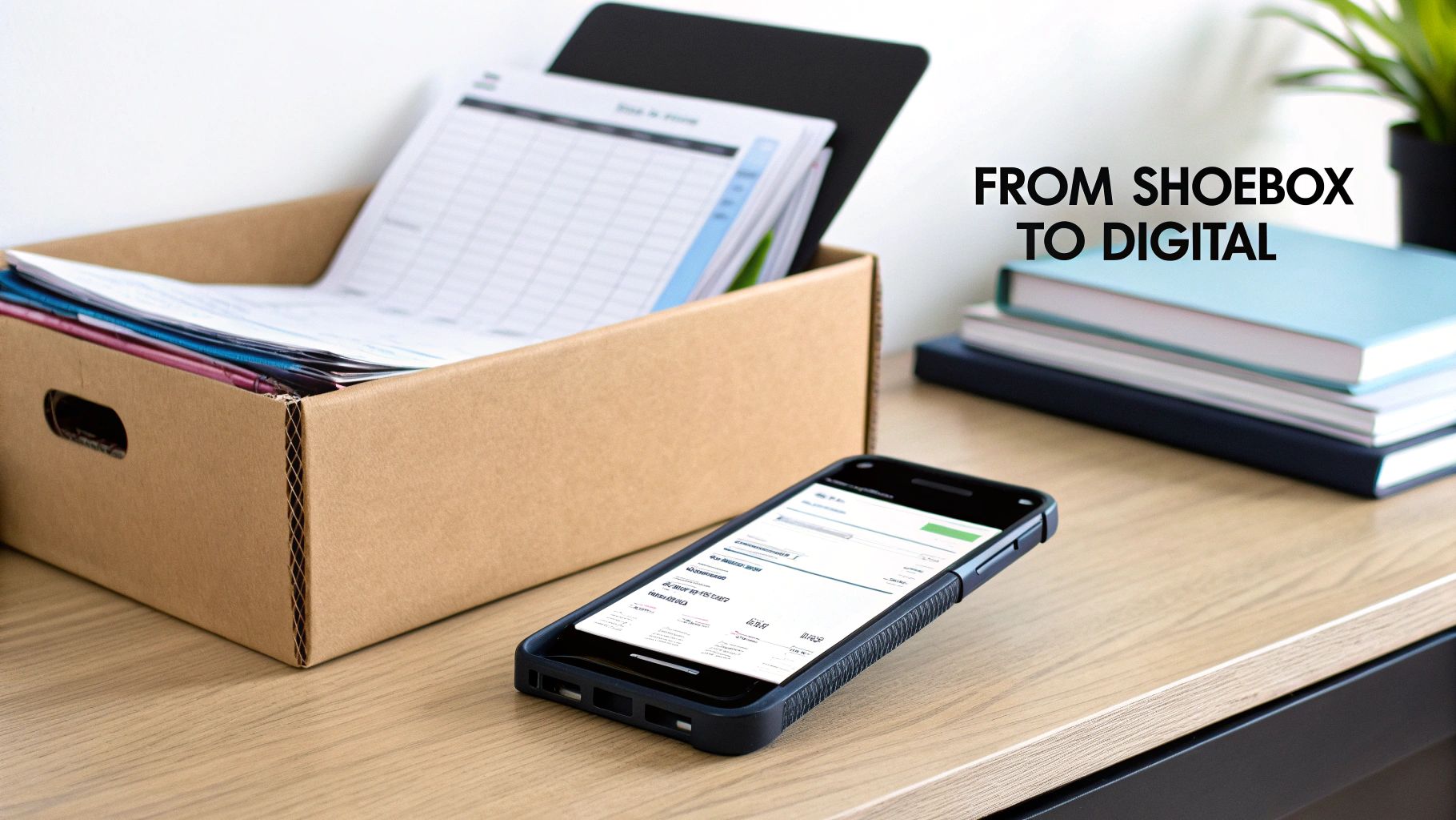 A cardboard box full of paper documents next to a smartphone displaying digital records.