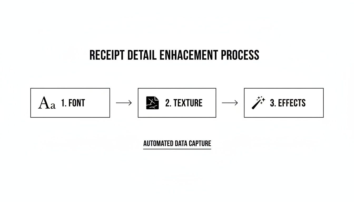 Flowchart illustrating the receipt detail enhancement process, including steps for font, texture, and effects for automated data capture.