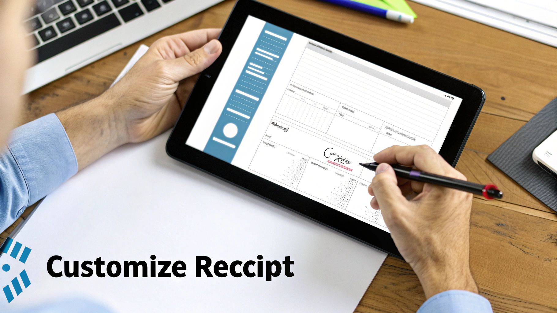 A person's hand signs a digital receipt on a black tablet with a stylus on a wooden desk.
