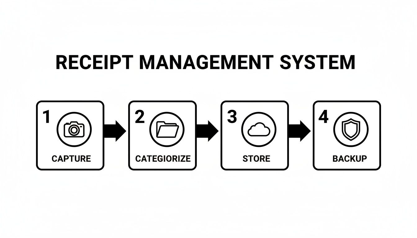 A clear flowchart outlining a four-step receipt management system: capture, categorize, store, and backup.