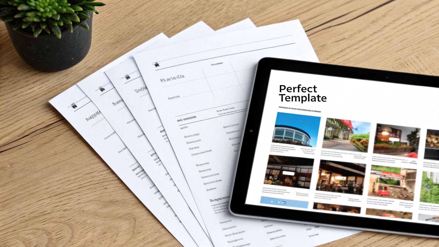 A tablet displaying a 'Perfect Template' layout with images, resting on papers and a wooden desk, next to a small plant.